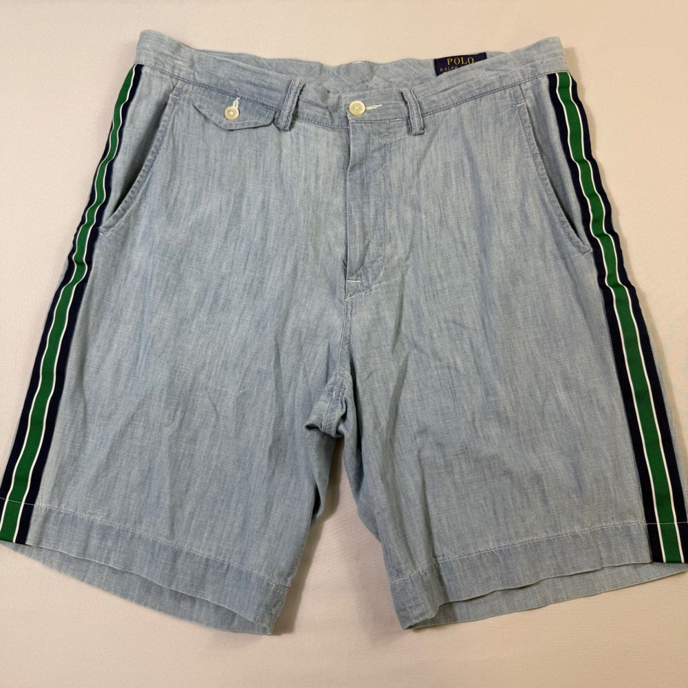 Polo Ralph Lauren Shorts Mens 32 (Fits 34) Blue Chambray Side Stripe Classic Fit